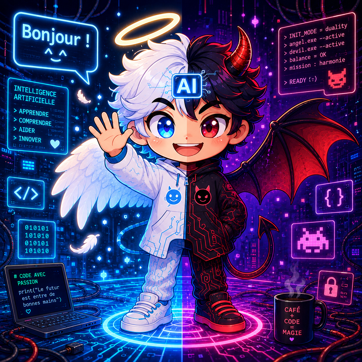 Angel and devil AI mascot saying hello